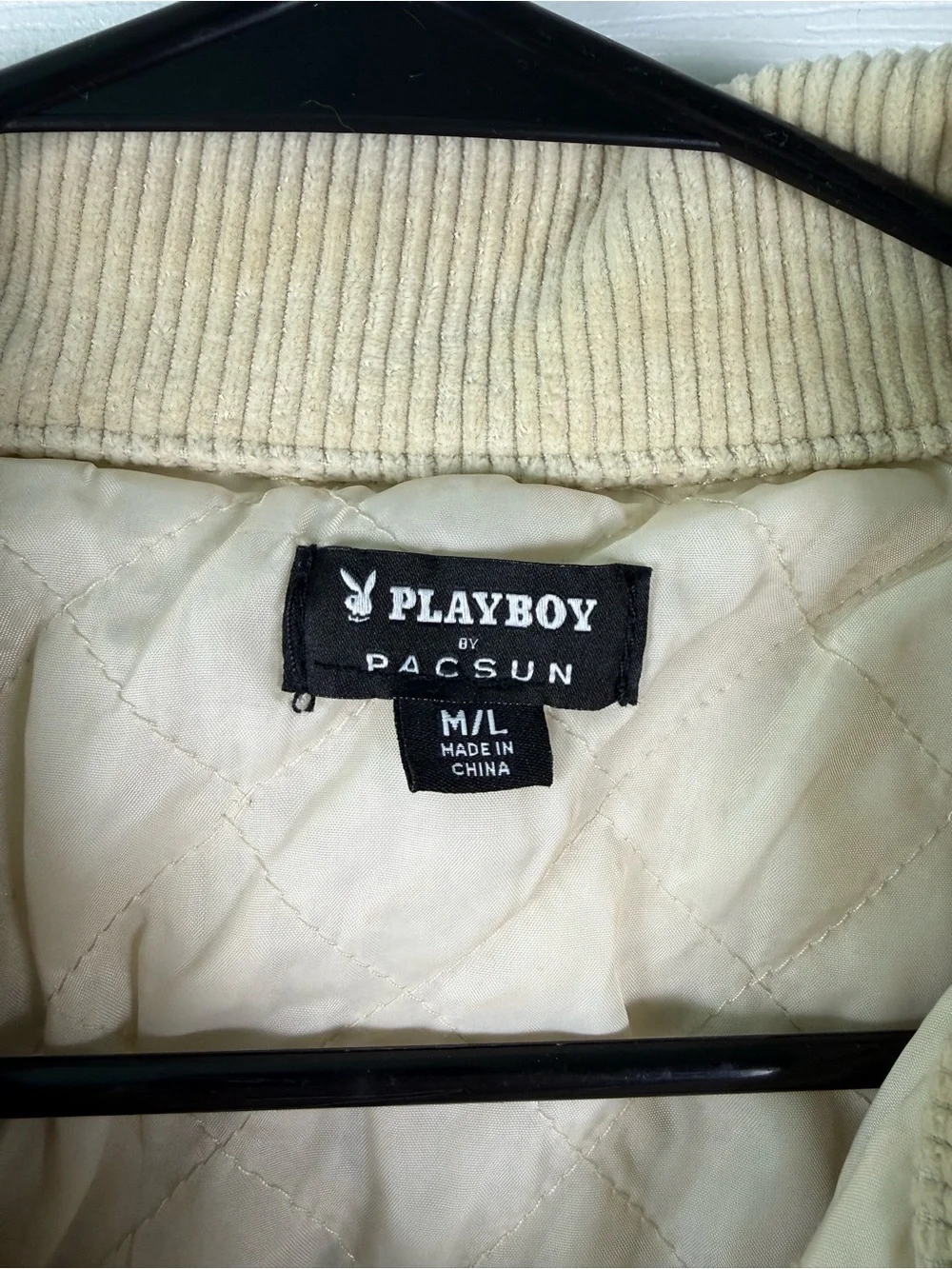 PacSun Beige Corduroy Bomber Jacket with Navy 'PB' Applique